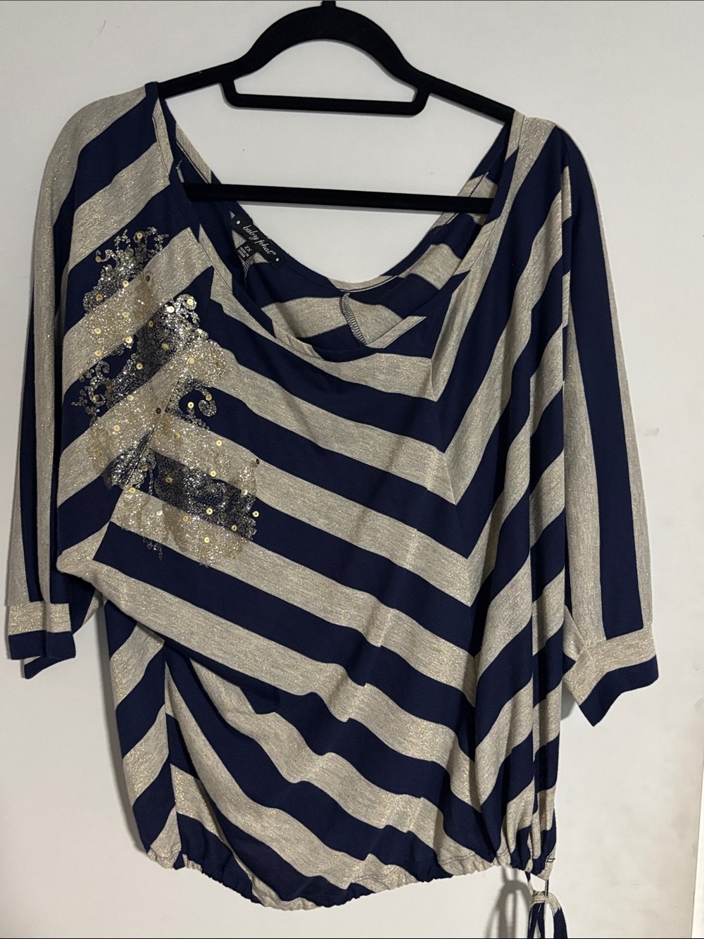 Baby Phat Navy Blue and Silver Striped Draped Top with Sequin Detail